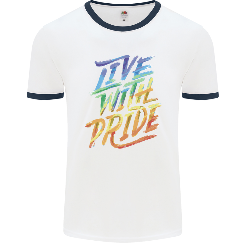 Live With Pride LGBT Gay Pride Mens White Ringer T-Shirt White/Navy Blue