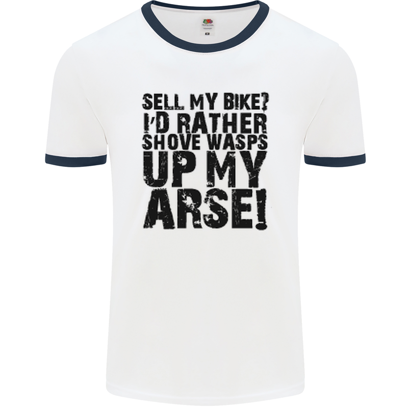 Cycling Biker Sell My Bike? Cyclist Bicycle Mens White Ringer T-Shirt White/Navy Blue