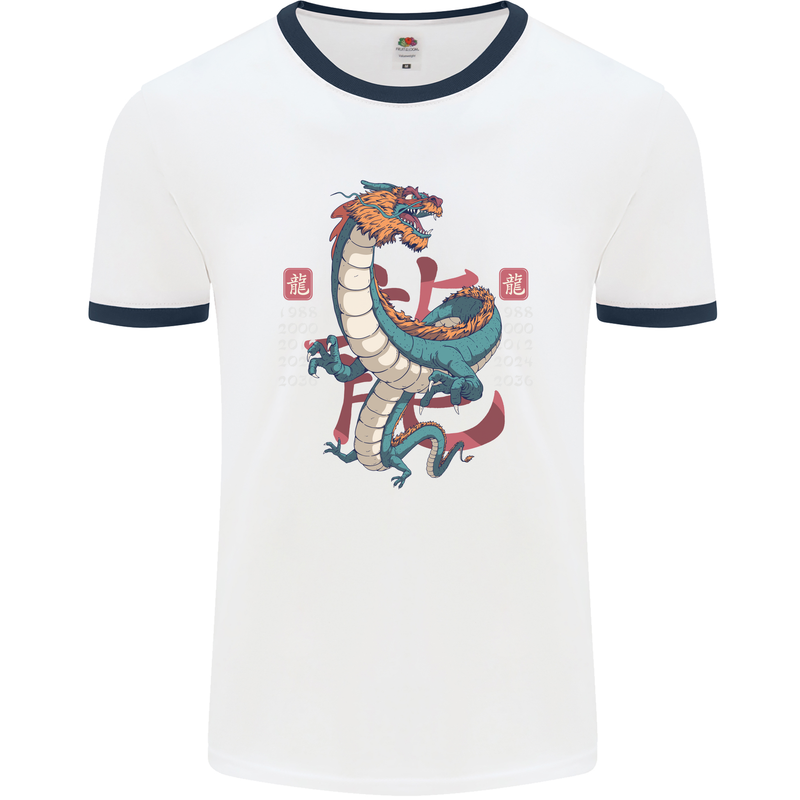 Chinese Zodiac Shengxiao Year of the Dragon Mens White Ringer T-Shirt White/Navy Blue