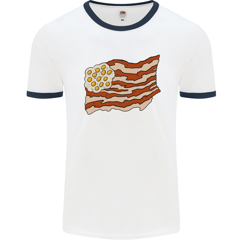 Bacon Egg Stars and Stripes Flag Funny USA Mens White Ringer T-Shirt White/Navy Blue