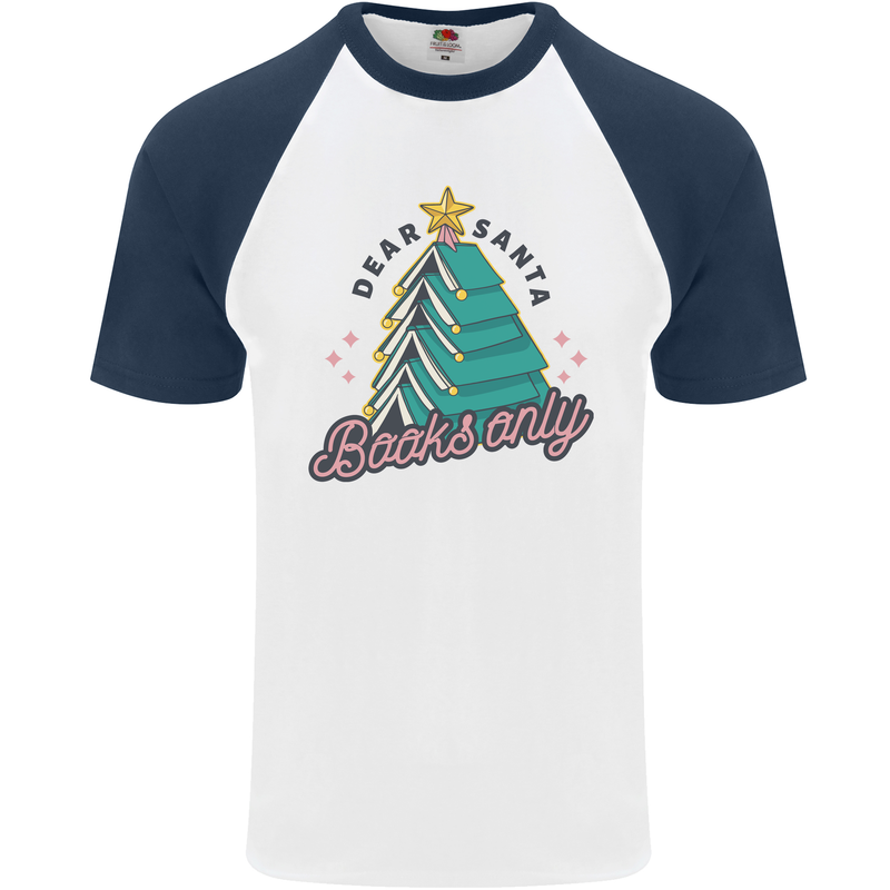 Books Only Christmas Tree Funny Bookworm Mens S/S Baseball T-Shirt White/Navy Blue
