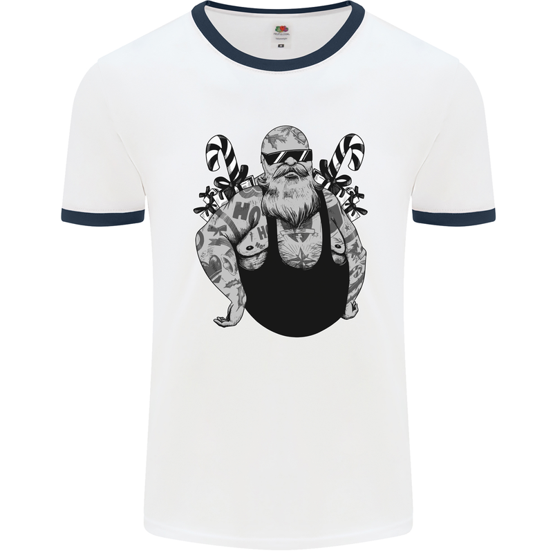 Tattoo Santa Funny Christmas Biker Motorbike Mens White Ringer T-Shirt White/Navy Blue