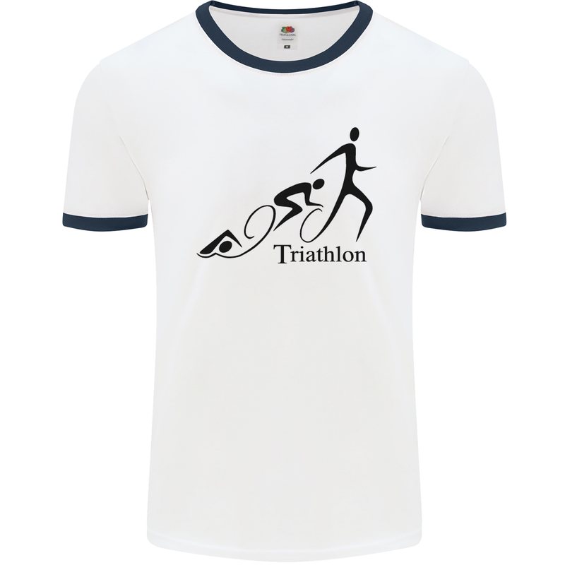 Triathlon Running Swimming Cycling Mens White Ringer T-Shirt White/Navy Blue