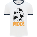 Moo Funny Cow Ghost Halloween Spooky Mens White Ringer T-Shirt White/Navy Blue