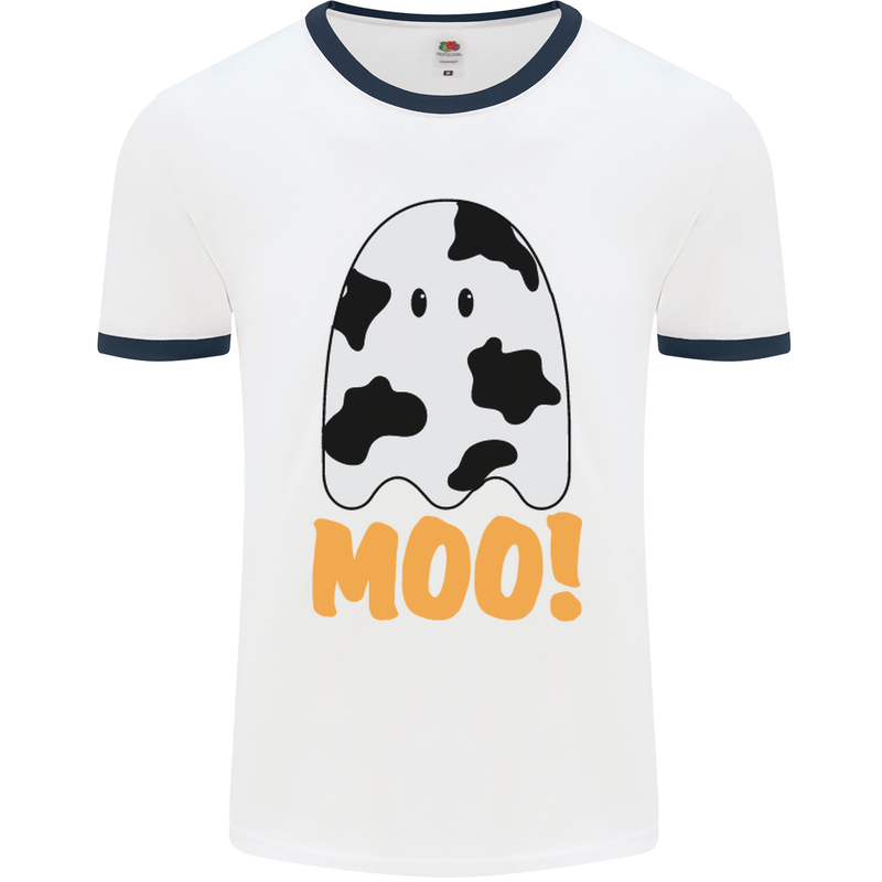 Moo Funny Cow Ghost Halloween Spooky Mens White Ringer T-Shirt White/Navy Blue