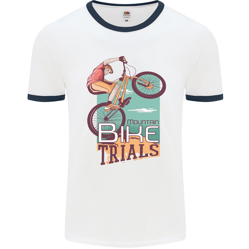 Mountain Bike Trials MTB Cycling Bicycle Mens Ringer T-Shirt White/Navy Blue