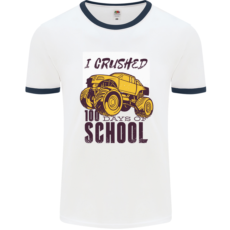 I Crushed 100 Days of School Monster Truck Mens White Ringer T-Shirt White/Navy Blue