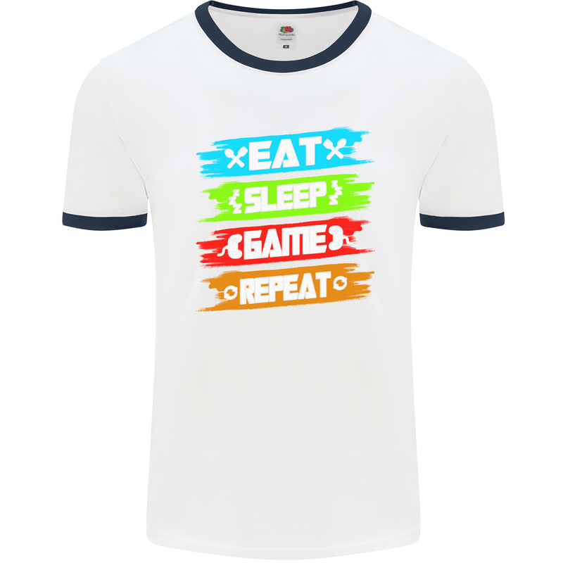 Eat Sleep Game Funny Gamer Gamming Mens White Ringer T-Shirt White/Navy Blue