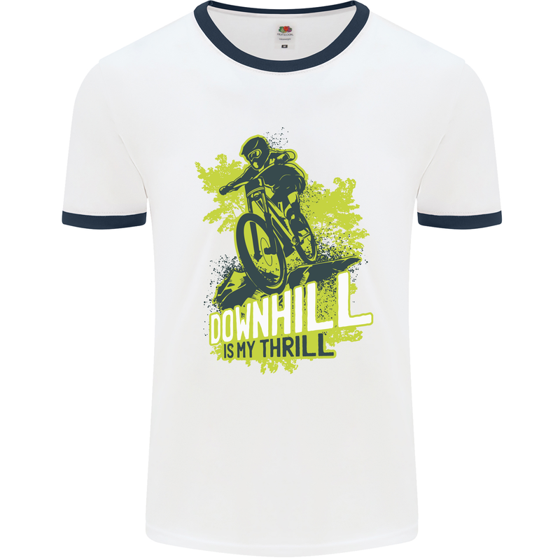 Downhill Mountain Biking My Thrill Cycling Mens White Ringer T-Shirt White/Navy Blue