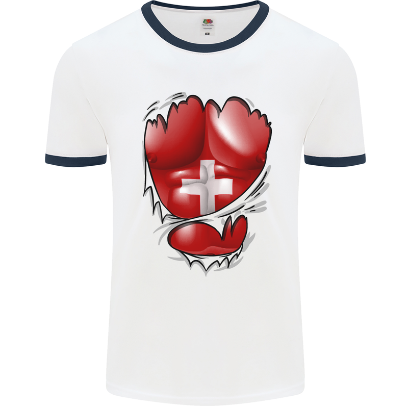 Gym Swiss Flag Ripped Muscles Switzerland Mens White Ringer T-Shirt White/Navy Blue