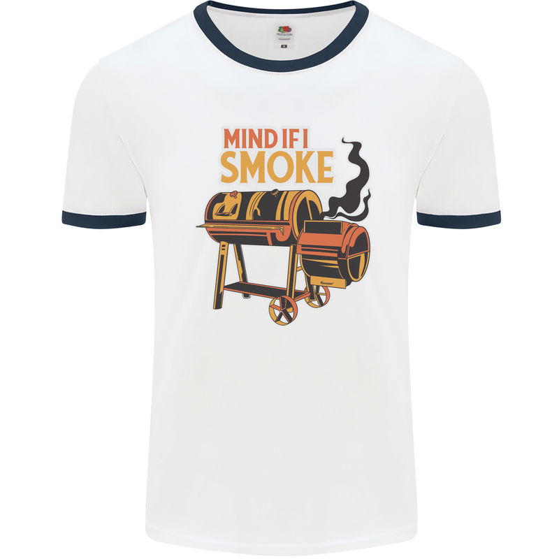 Mind if I Smoke Funny BBQ Grill Mens White Ringer T-Shirt White/Navy Blue