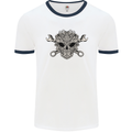 Engine Skull Mechanic Car Biker Motorbike Mens White Ringer T-Shirt White/Navy Blue