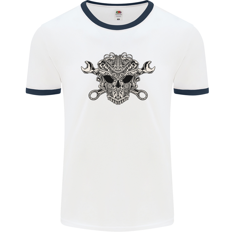 Engine Skull Mechanic Car Biker Motorbike Mens White Ringer T-Shirt White/Navy Blue