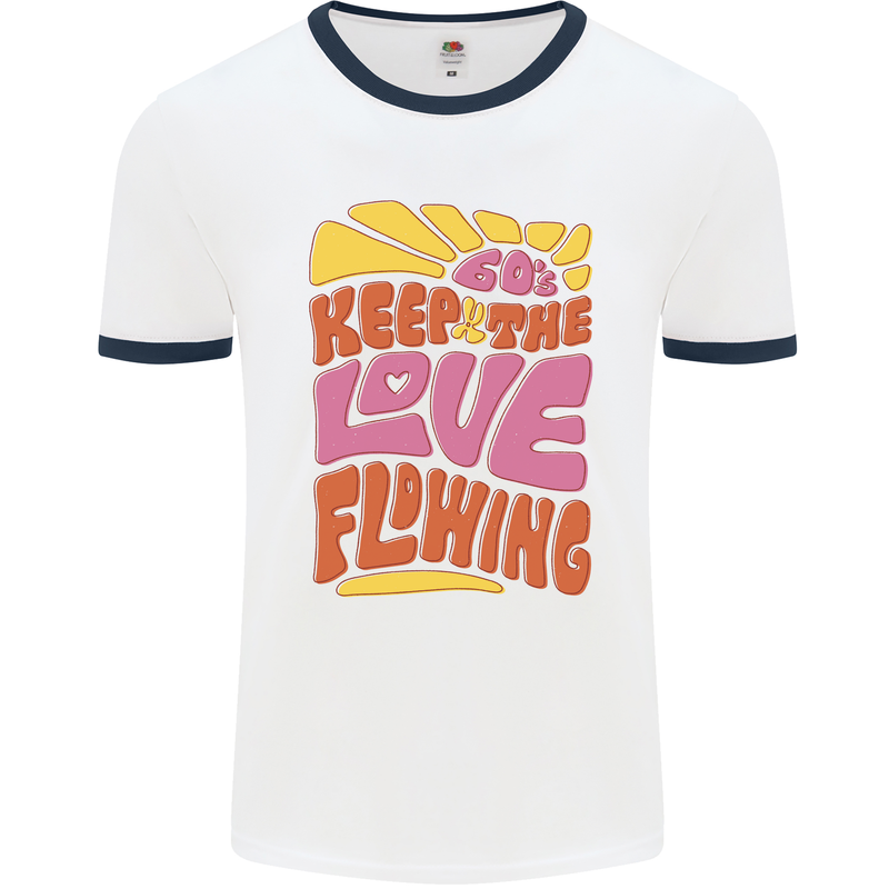 60s Keep the Love Flowing Funny Hippy Peace Mens White Ringer T-Shirt White/Navy Blue