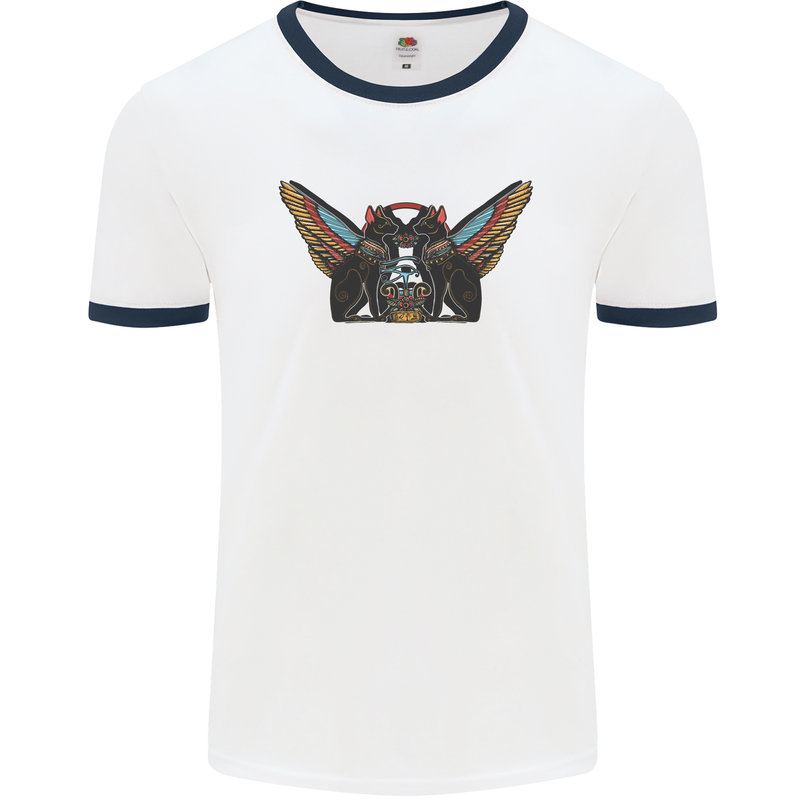 Ancient Egypt Winged Cats Eye of Horus Mens White Ringer T-Shirt White/Navy Blue