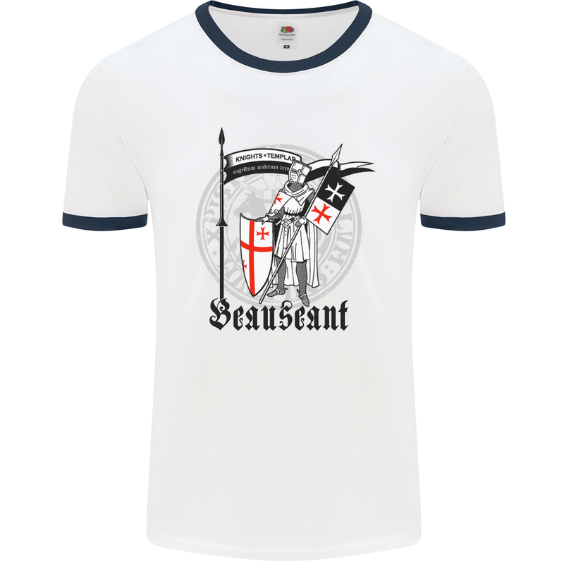 Knights Templar St Georges Day Beauseant Mens White Ringer T-Shirt White/Navy Blue