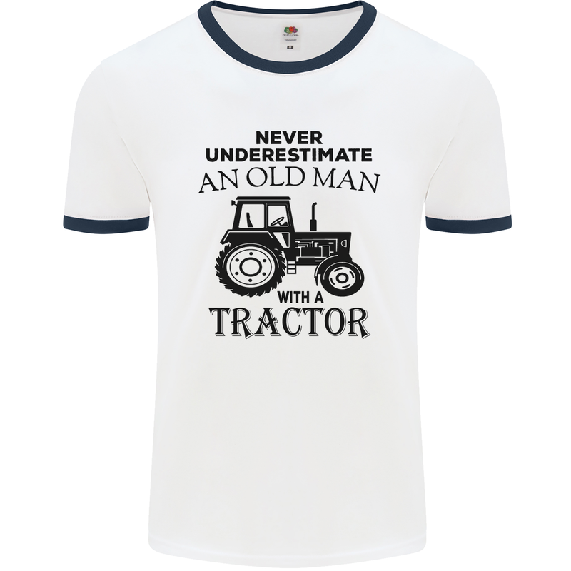 Old Man With a Tractor Driver Farmer Farm Mens White Ringer T-Shirt White/Navy Blue