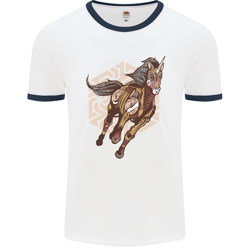 Steampunk Unicorn Mens White Ringer T-Shirt White/Navy Blue