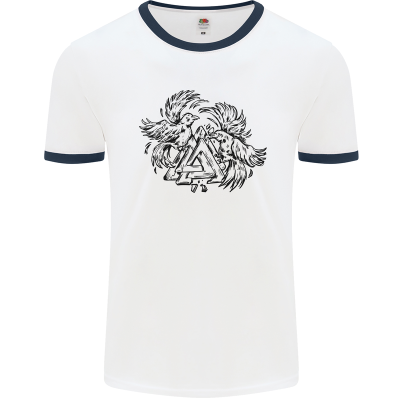 Valknut Symbol With Ravens Viking Mens White Ringer T-Shirt White/Navy Blue