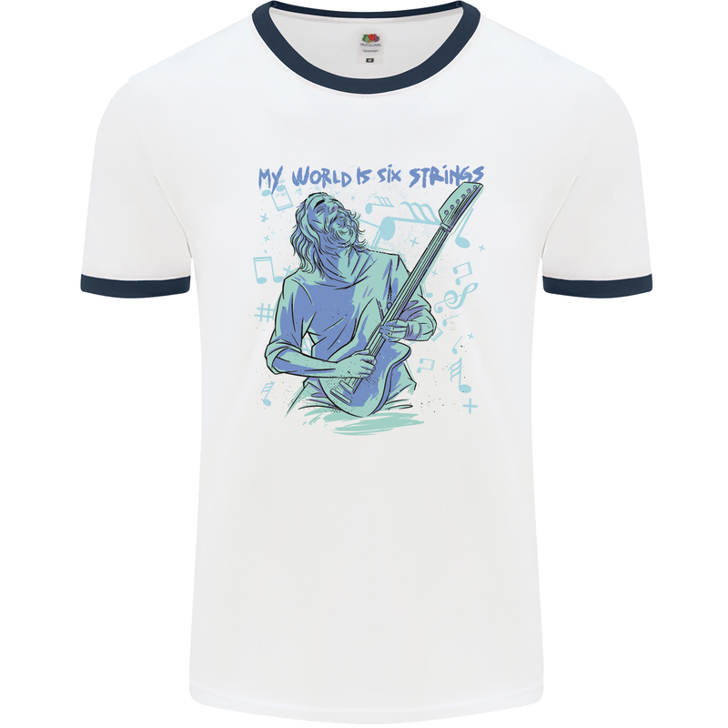 My World Is Six Strings Guitar Rock Music Mens Ringer T-Shirt White/Navy Blue