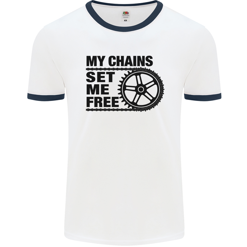 My Chains Set Me Free Cycling Cyclist Bike Mens White Ringer T-Shirt White/Navy Blue