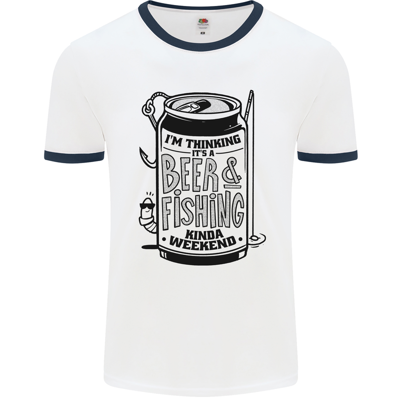 I'm Thinking Beer & Fishing Weekend Funny Mens White Ringer T-Shirt White/Navy Blue