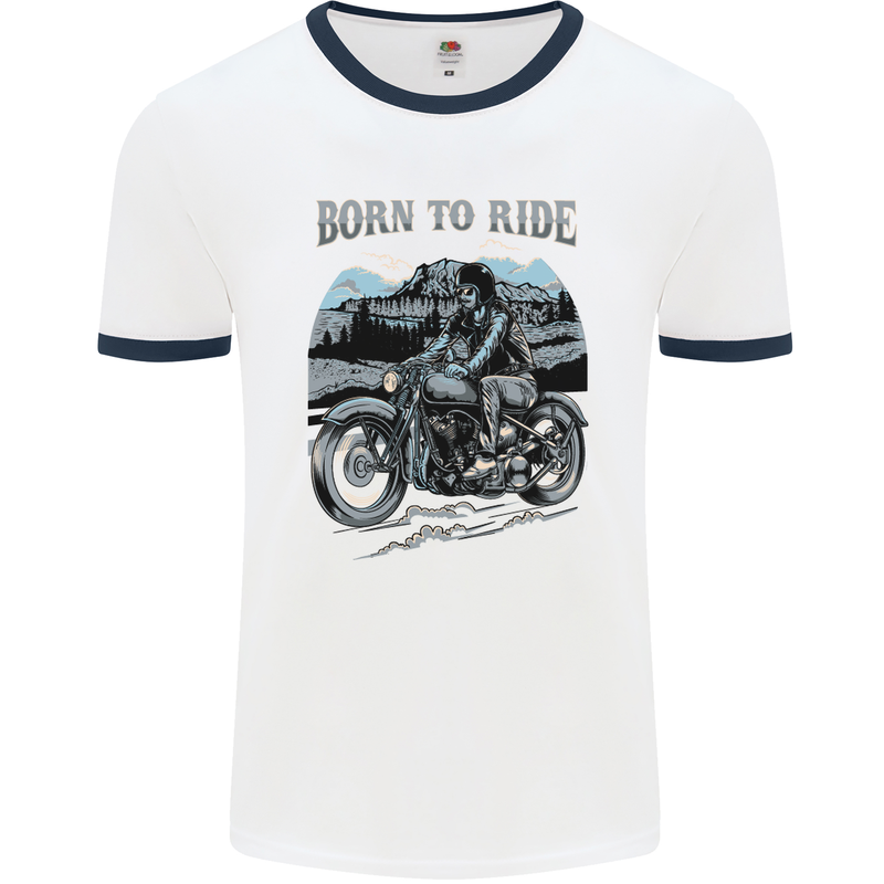 Born to Ride Motorbike Motorcycle Biker Mens White Ringer T-Shirt White/Navy Blue