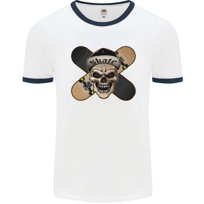 Skateboard Skull Skateboarding Mens White Ringer T-Shirt White/Navy Blue