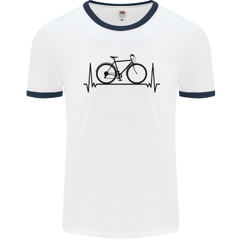 Cycling Heart Beat Bike Bicycle Cyclist ECG Mens White Ringer T-Shirt White/Navy Blue