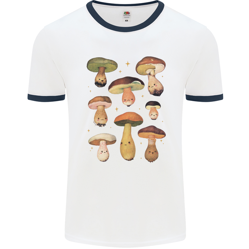 Mushroom Faces Foraging Mycology Mens Ringer T-Shirt White/Navy Blue