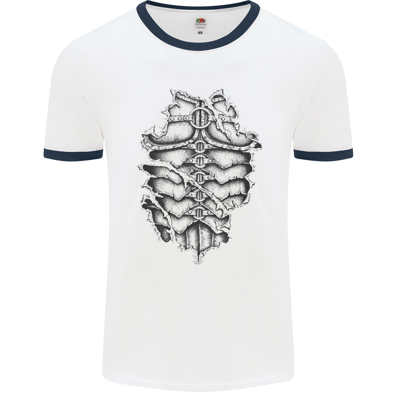 Roman Armour Fancy Dress Warrior Gym MMA Mens White Ringer T-Shirt White/Navy Blue