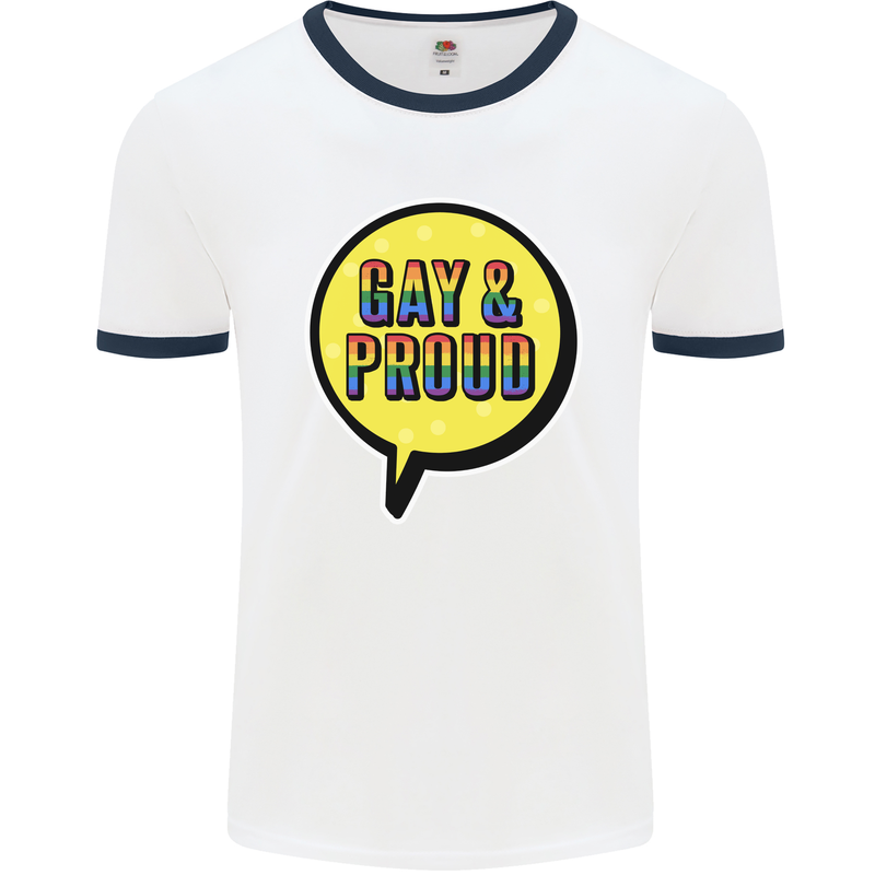 Gay and Proud LGBT Pride Awareness Mens White Ringer T-Shirt White/Navy Blue