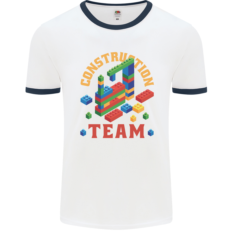 Construction Funny Building Blocks Bricks Mens White Ringer T-Shirt White/Navy Blue