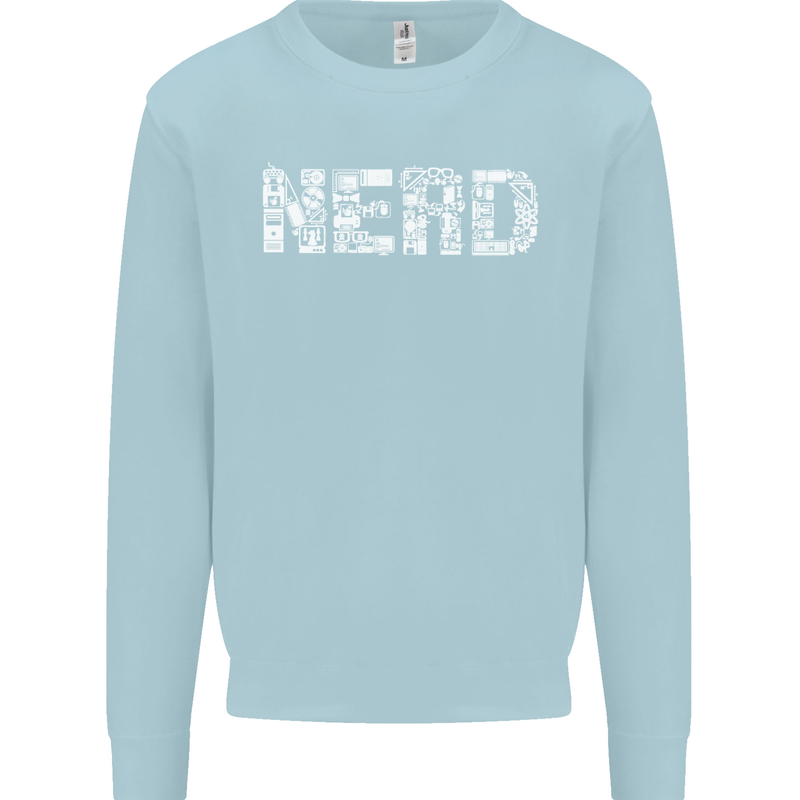 Nerd Word Art Geek Kids Sweatshirt Jumper Light Blue
