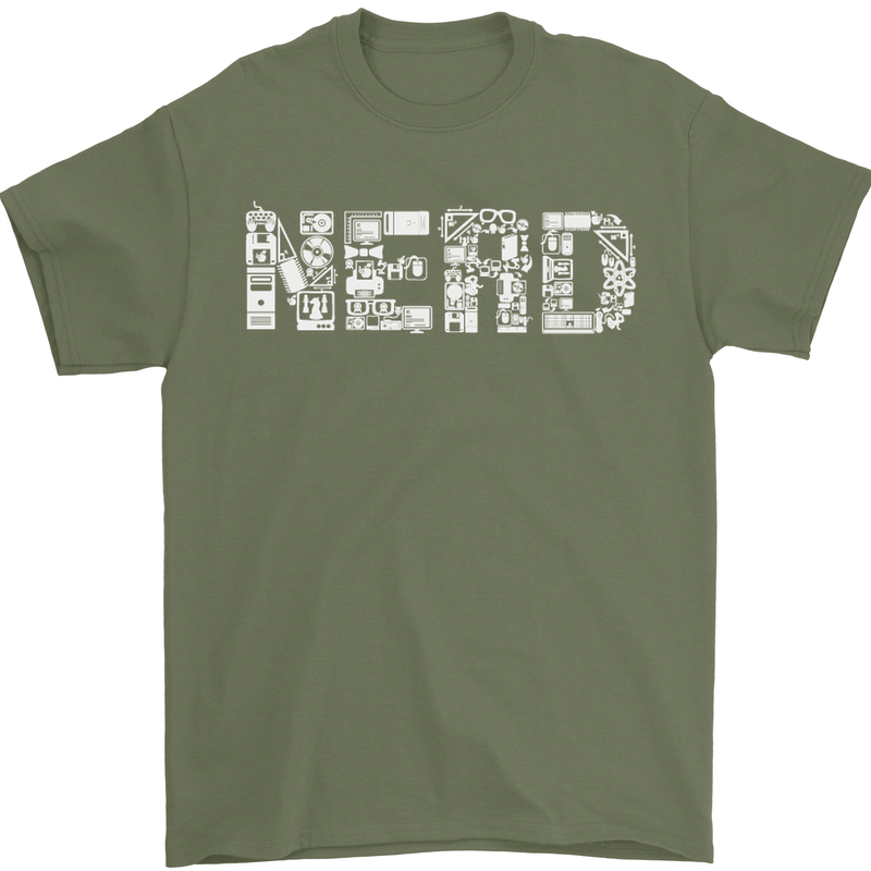 Nerd Word Art Geek Mens T-Shirt Cotton Gildan Military Green