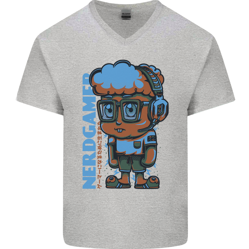 Nerd  Funny Gamer Gaming Mens V-Neck Cotton T-Shirt Sports Grey
