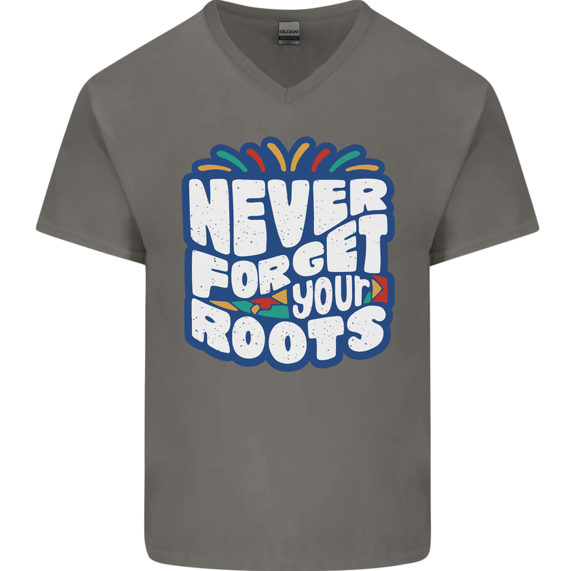 Never Forget Your Roots Africa Juneteenth Mens V-Neck Cotton T-Shirt Charcoal