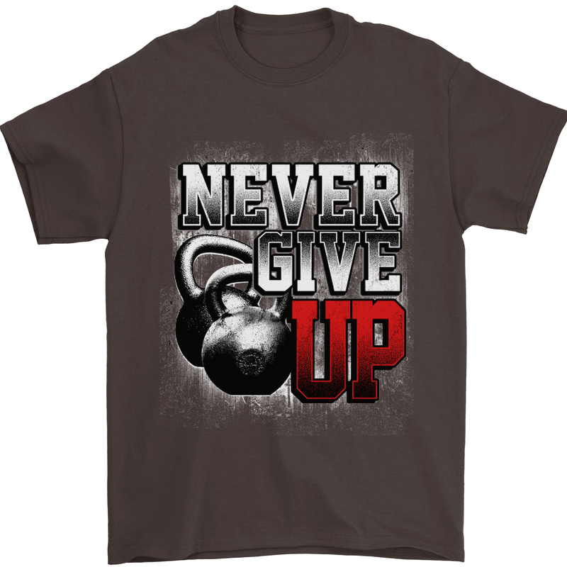 Never Give Up Gym Training Top Bodybuilding Mens T-Shirt Cotton Gildan Dark Chocolate