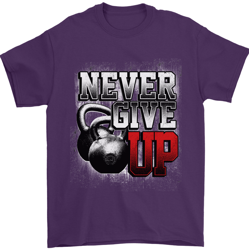 Never Give Up Gym Training Top Bodybuilding Mens T-Shirt Cotton Gildan Purple