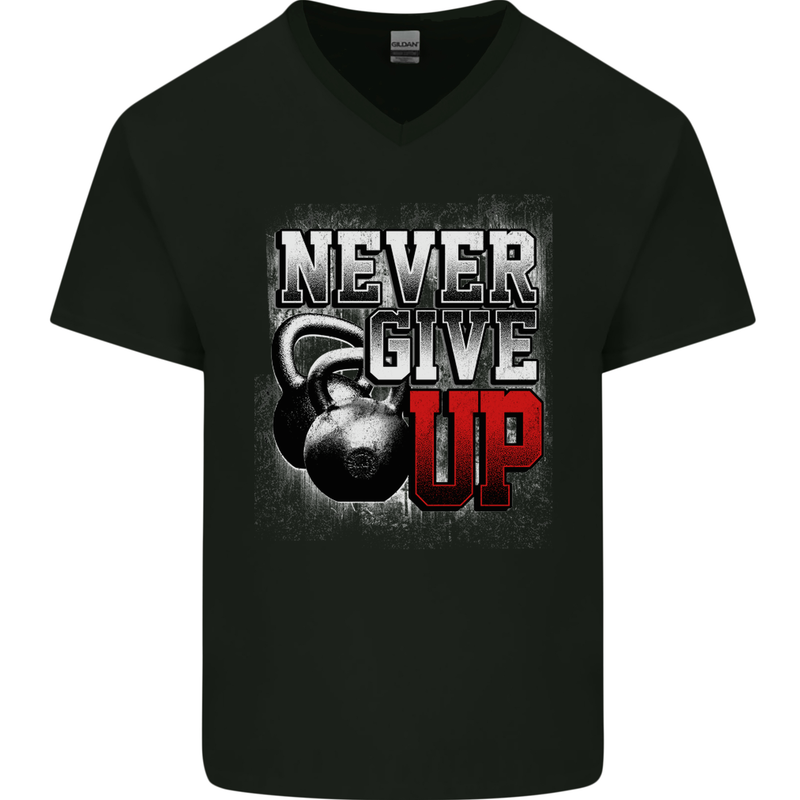 Never Give Up Gym Training Top Bodybuilding Mens V-Neck Cotton T-Shirt Black