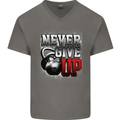 Never Give Up Gym Training Top Bodybuilding Mens V-Neck Cotton T-Shirt Charcoal