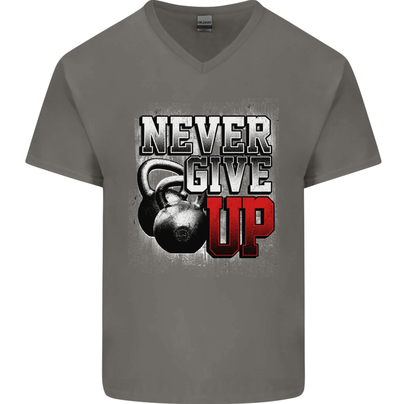 Never Give Up Gym Training Top Bodybuilding Mens V-Neck Cotton T-Shirt Charcoal