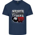 Never Give Up Gym Training Top Bodybuilding Mens V-Neck Cotton T-Shirt Navy Blue