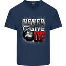 Never Give Up Gym Training Top Bodybuilding Mens V-Neck Cotton T-Shirt Navy Blue