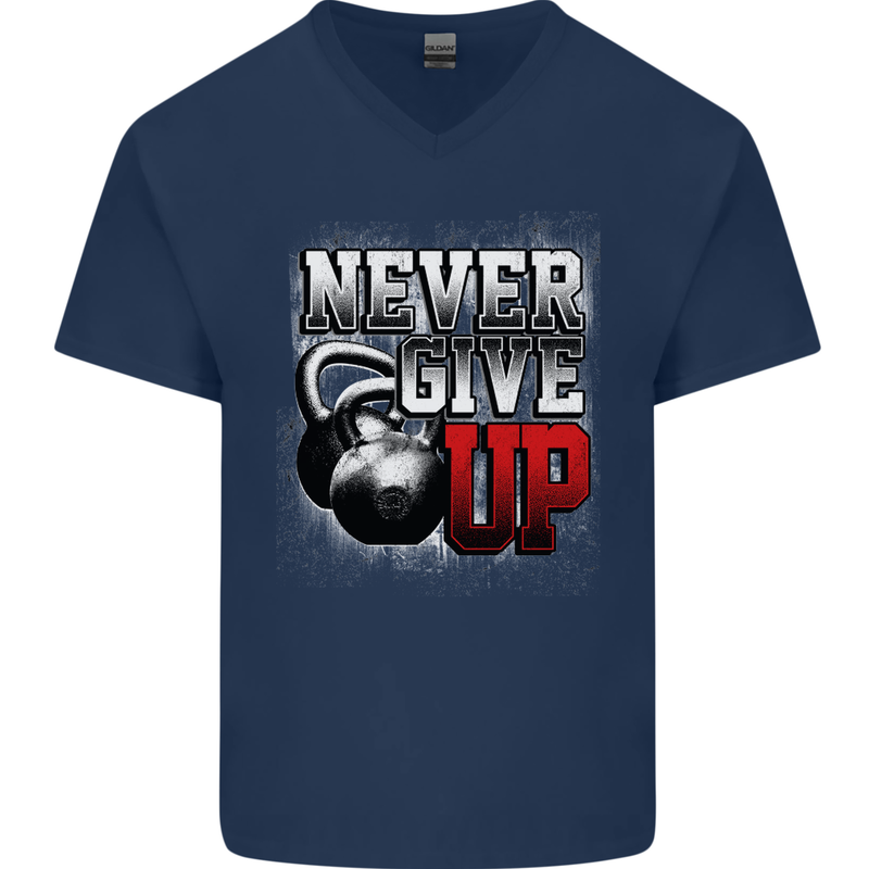 Never Give Up Gym Training Top Bodybuilding Mens V-Neck Cotton T-Shirt Navy Blue