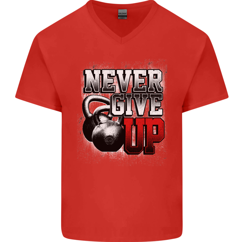 Never Give Up Gym Training Top Bodybuilding Mens V-Neck Cotton T-Shirt Red