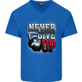 Never Give Up Gym Training Top Bodybuilding Mens V-Neck Cotton T-Shirt Royal Blue
