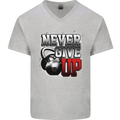 Never Give Up Gym Training Top Bodybuilding Mens V-Neck Cotton T-Shirt Sports Grey