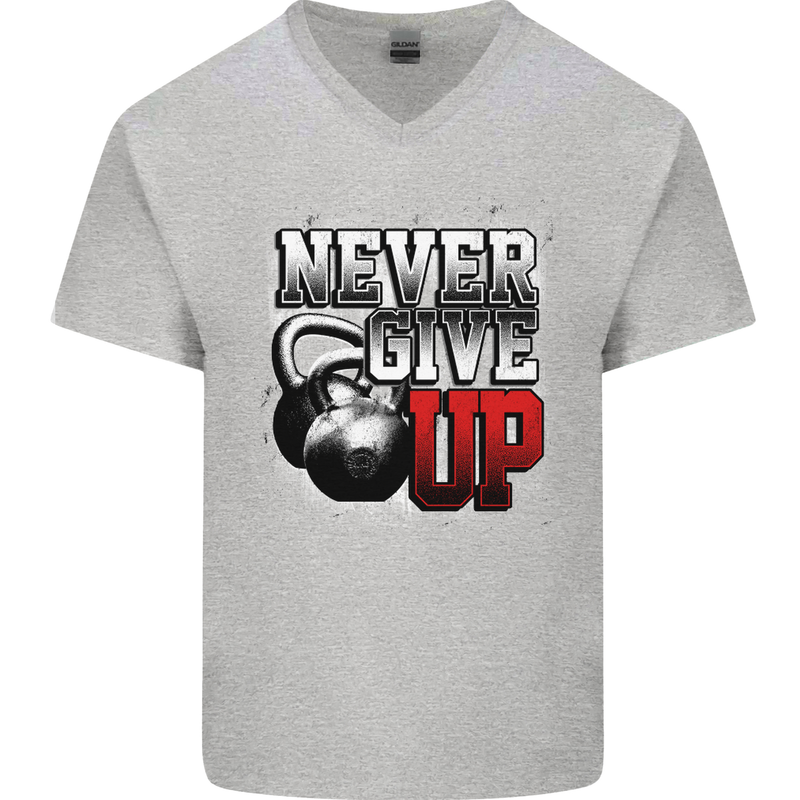 Never Give Up Gym Training Top Bodybuilding Mens V-Neck Cotton T-Shirt Sports Grey