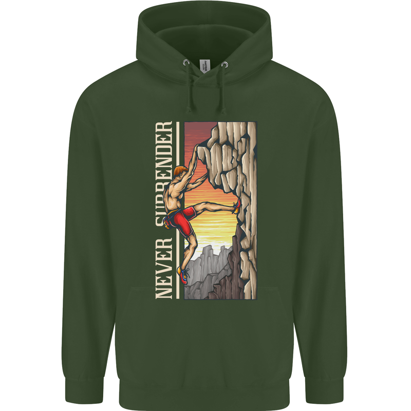 Never Surrender Rock Climbing Climber Mens 80% Cotton Hoodie Forest Green